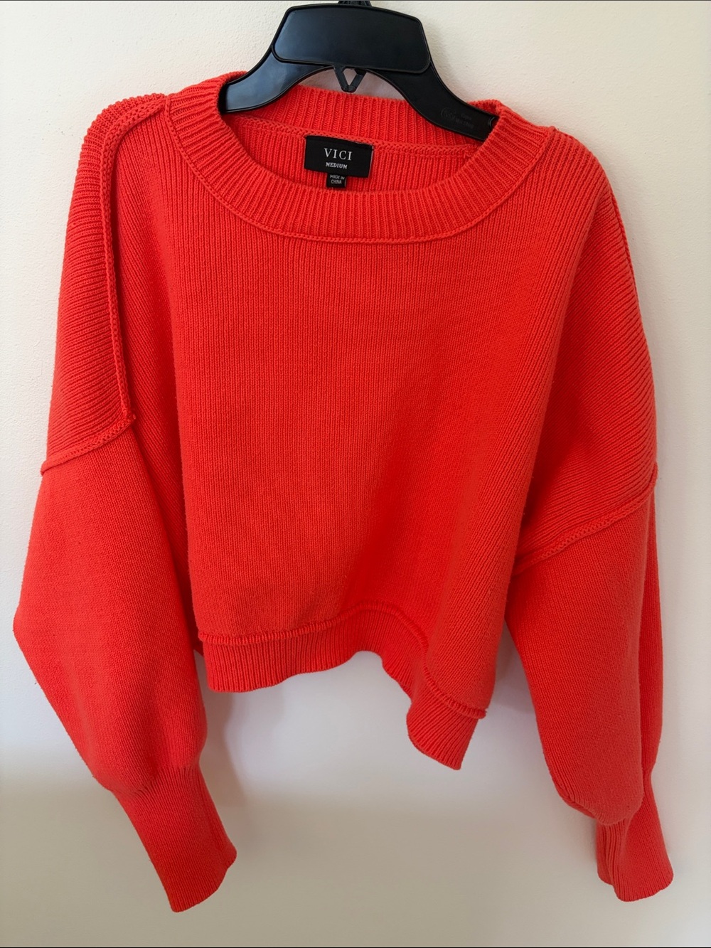 VICI Coral-Red Cropped Crewneck Sweater